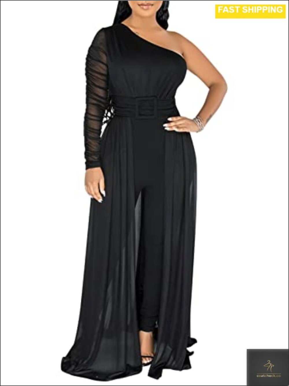 Women's One Shoulder Jumpsuit Mesh Long Sleeve Bodycon Party Club Outfit